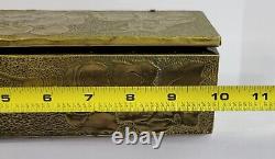 Vintage Antique Wooden Box With Brass Embossed Fruit Leaves Repose 10x3.5x2.75