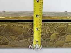 Vintage Antique Wooden Box With Brass Embossed Fruit Leaves Repose 10x3.5x2.75