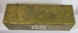 Vintage Antique Wooden Box With Brass Embossed Fruit Leaves Repose 10x3.5x2.75