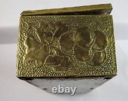 Vintage Antique Wooden Box With Brass Embossed Fruit Leaves Repose 10x3.5x2.75