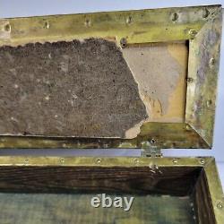 Vintage Antique Wooden Box With Brass Embossed Fruit Leaves Repose 10x3.5x2.75