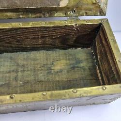 Vintage Antique Wooden Box With Brass Embossed Fruit Leaves Repose 10x3.5x2.75