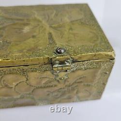 Vintage Antique Wooden Box With Brass Embossed Fruit Leaves Repose 10x3.5x2.75