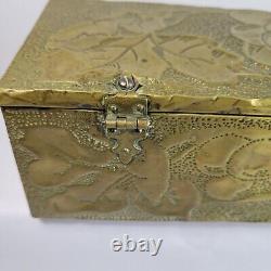 Vintage Antique Wooden Box With Brass Embossed Fruit Leaves Repose 10x3.5x2.75