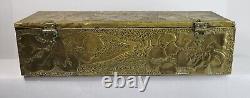 Vintage Antique Wooden Box With Brass Embossed Fruit Leaves Repose 10x3.5x2.75