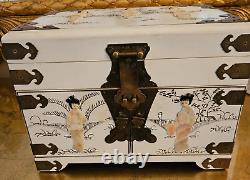 Vintage Asian Jewelry Box Blond Wood Mother of Pearl Shell Geishas