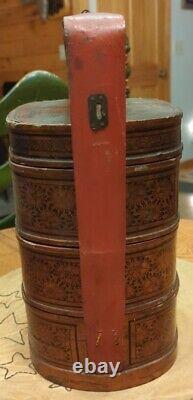 Vintage Asian Trinket Jewelry Sewing Box Storage Box Hand Painted Wood 3 Tier