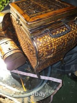 Vintage Bamboo Keepsake Box Brass and Wood Latched With Hinges