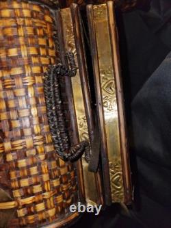 Vintage Bamboo Keepsake Box Brass and Wood Latched With Hinges