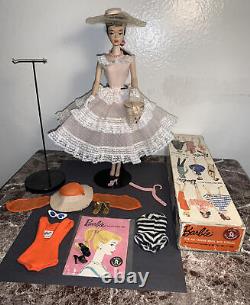Vintage Barbie Brunette Ponytail #3 All Original Box, Stand, Booklet&Clothes EUC