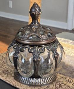 Vintage Baroque Brass Hand-Blown Bubble Glass Lidded Box / Apothecary Jar