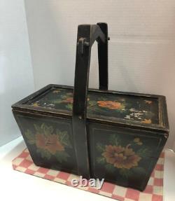 Vintage Basket Chinese Wedding Rice Basket Hand Painted Asian Box with handle