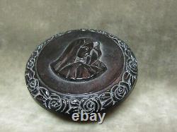 Vintage Black Amethyst Glass Round Trinket Box Madonna / Nun Cover with Roses