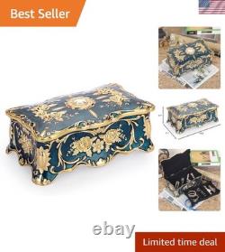 Vintage Blue Jewelry Box with 2 Layers, Large Metal Trinket Organizer for Ear