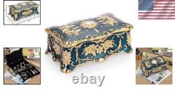Vintage Blue Jewelry Box with 2 Layers, Large Metal Trinket Organizer for Ear
