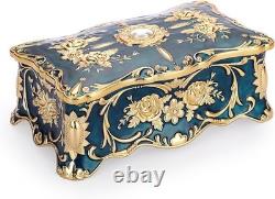 Vintage Blue Jewelry Box with 2 Layers, Large Metal Trinket Organizer for Ear