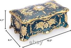 Vintage Blue Jewelry Box with 2 Layers, Large Metal Trinket Organizer for Ear