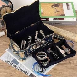 Vintage Blue Jewelry Box with 2 Layers, Large Metal Trinket Organizer for Ear