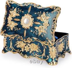 Vintage Blue Jewelry Box with 2 Layers, Large Metal Trinket Organizer for Ear