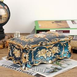 Vintage Blue Jewelry Box with 2 Layers, Large Metal Trinket Organizer for Ear