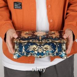 Vintage Blue Jewelry Box with 2 Layers, Large Metal Trinket Organizer for Ear