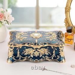 Vintage Blue Jewelry Box with 2 Layers, Large Metal Trinket Organizer for Ear