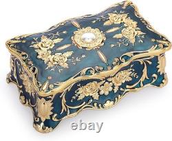 Vintage Blue Jewelry Box with 2 Layers, Large Metal Trinket Organizer for Ear