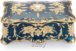 Vintage Blue Jewelry Box with 2 Layers, Large Metal Trinket Organizer for Ear