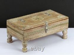 Vintage Boho Natural Finish Antique Wooden Keepsake Storage Box Brass Accents