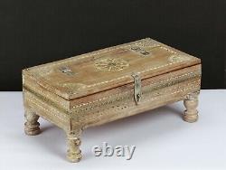 Vintage Boho Natural Finish Antique Wooden Keepsake Storage Box Brass Accents