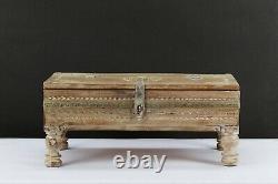 Vintage Boho Natural Finish Antique Wooden Keepsake Storage Box Brass Accents