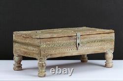 Vintage Boho Natural Finish Antique Wooden Keepsake Storage Box Brass Accents