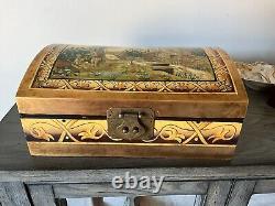 Vintage Box Curved Top Large Sized Curved Lid With Scene On Top