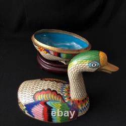 Vintage Box Figurine Cloisonné Enamel Duck China 1950 Bronze Large Multicolor