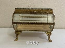 Vintage Brass & Beveled Glass Jewelry Casket Box on Cabriole Claw Feet