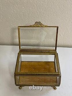 Vintage Brass & Beveled Glass Jewelry Casket Box on Cabriole Claw Feet