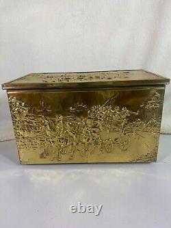 Vintage Brass Fireside Box, Brass Storage Chest, Horses Coach Carriage
