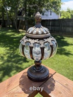 Vintage Brass & Hand Blown Bubble Glass Lidded Dome Caged Apothecary Jar