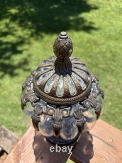 Vintage Brass & Hand Blown Bubble Glass Lidded Dome Caged Apothecary Jar