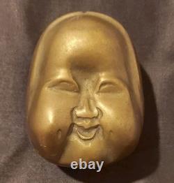 Vintage Brass Happy Buddha Face Trinket Box With Red Lining
