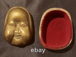 Vintage Brass Happy Buddha Face Trinket Box With Red Lining
