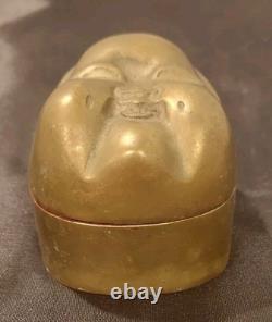 Vintage Brass Happy Buddha Face Trinket Box With Red Lining