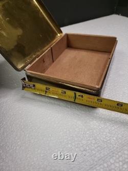 Vintage Brass Hinged Lid Mens Dresser Trinket Box with Wood Lining