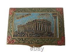 Vintage Brass Inlaid Greece Parthenon Trinket Box Desktop Box Hinged Lid