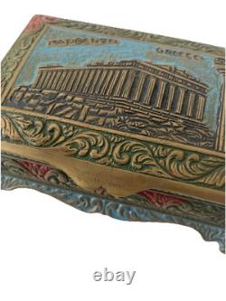 Vintage Brass Inlaid Greece Parthenon Trinket Box Desktop Box Hinged Lid