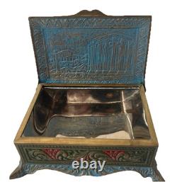 Vintage Brass Inlaid Greece Parthenon Trinket Box Desktop Box Hinged Lid