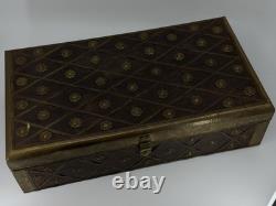 Vintage Brass Inlaid Wooden Storage Box Decorative Chest with Lattice Design