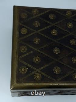 Vintage Brass Inlaid Wooden Storage Box Decorative Chest with Lattice Design