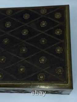 Vintage Brass Inlaid Wooden Storage Box Decorative Chest with Lattice Design