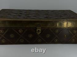 Vintage Brass Inlaid Wooden Storage Box Decorative Chest with Lattice Design
